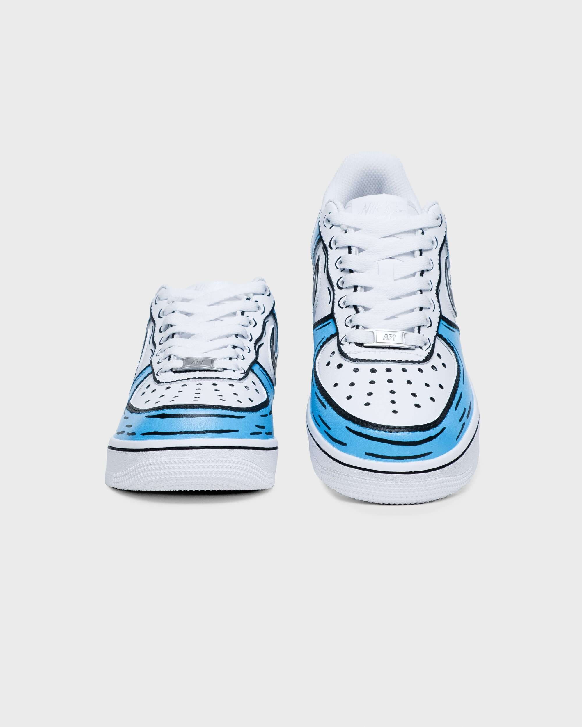 Front view of custom Air Force 1 sneakers with blue cartoon-inspired artwork, showcasing a unique, hand-painted design.