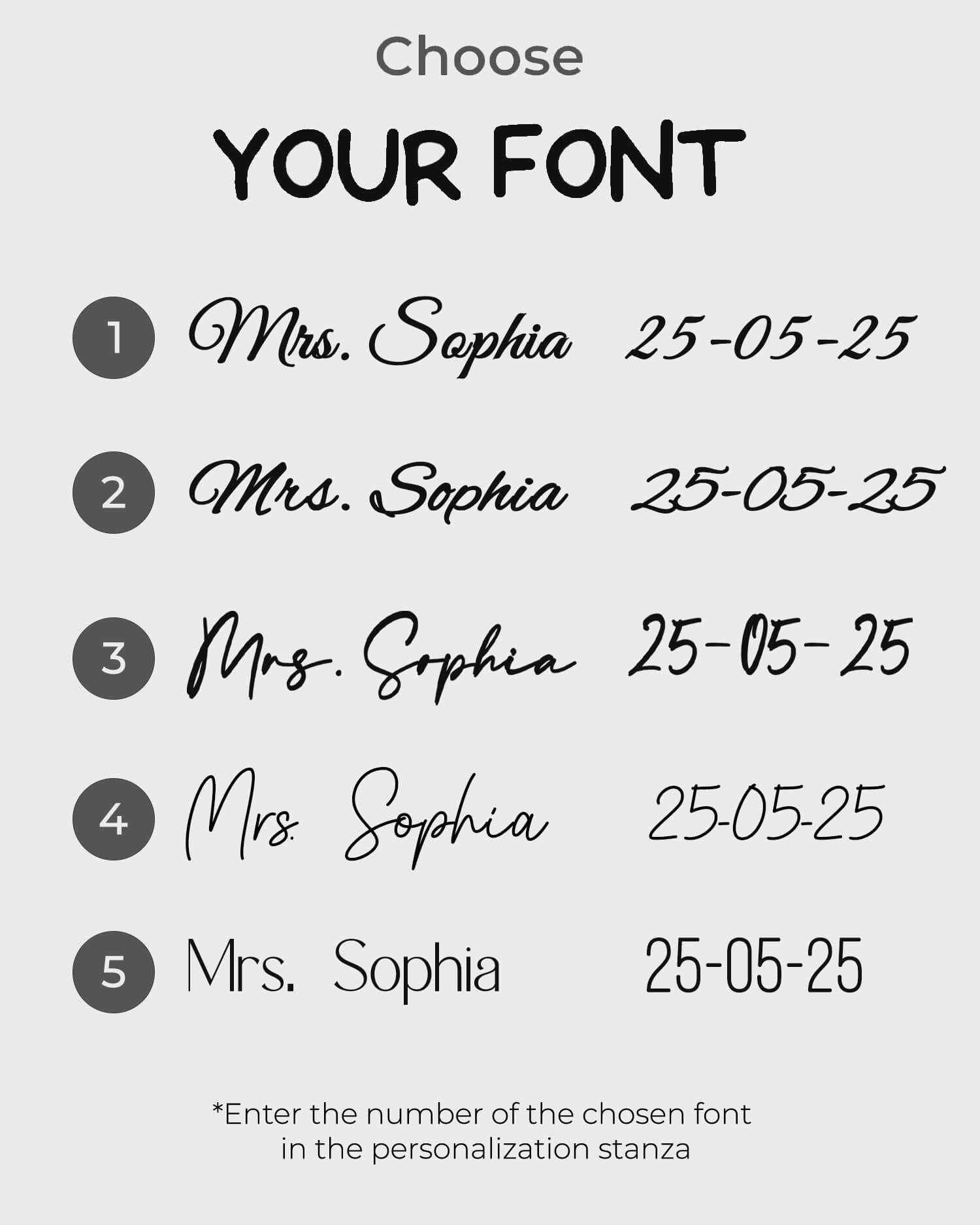 Font selection guide for custom wedding sneakers. Five different script and print font options for personalized text, such as 'Mrs. Sophia' and a wedding date '25-05-25'. Customers can choose a font by entering the corresponding number in the personalization section.