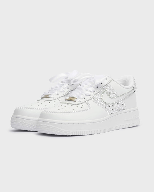 Custom white Air Force 1 wedding sneakers with pearl and rhinestone swoosh and toe detail, handmade bridal shoes with satin laces.
