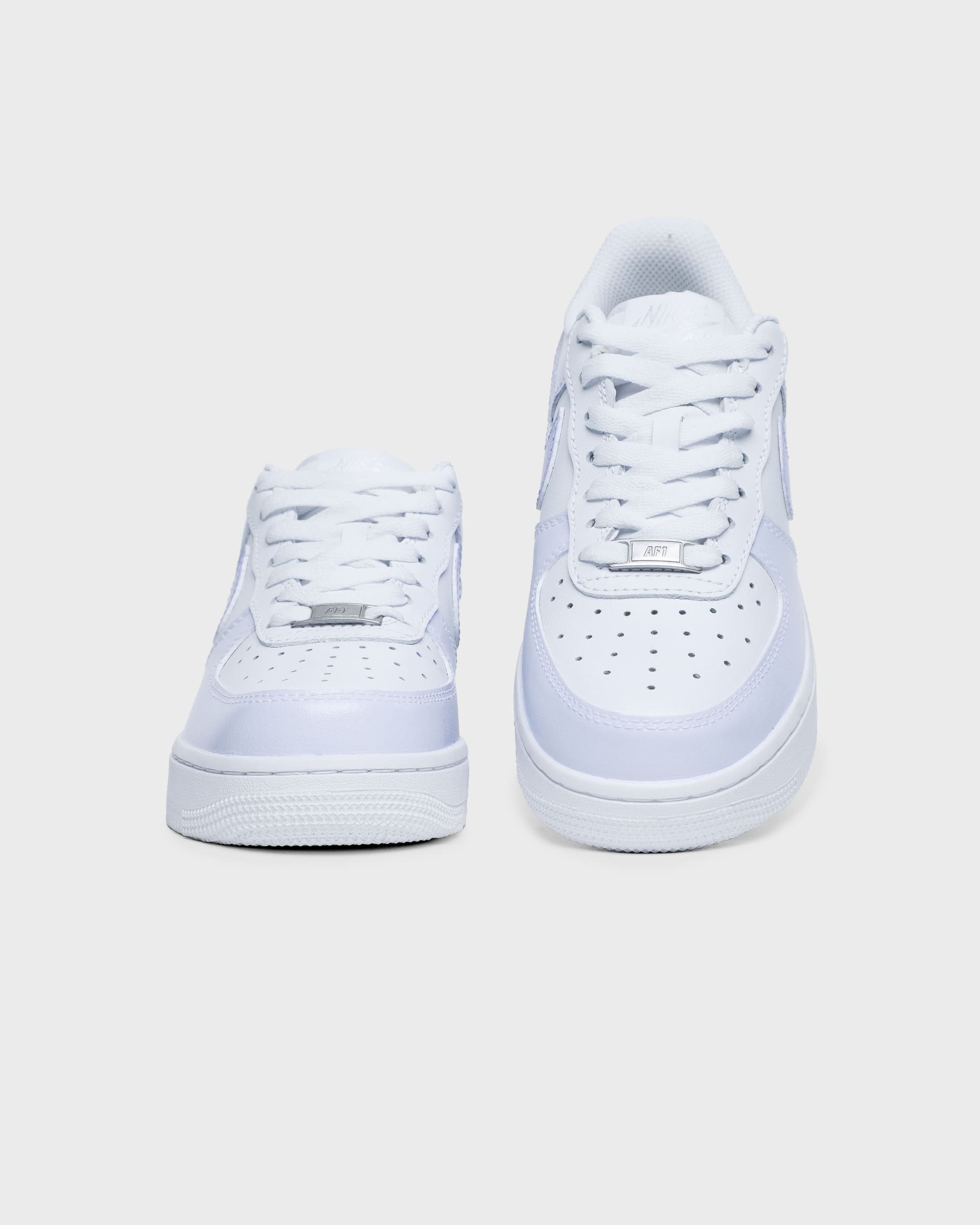 Front view of customized Nike Air Force 1 with pastel purple accents - Trendy light purple custom sneakers for a modern, personalized style.