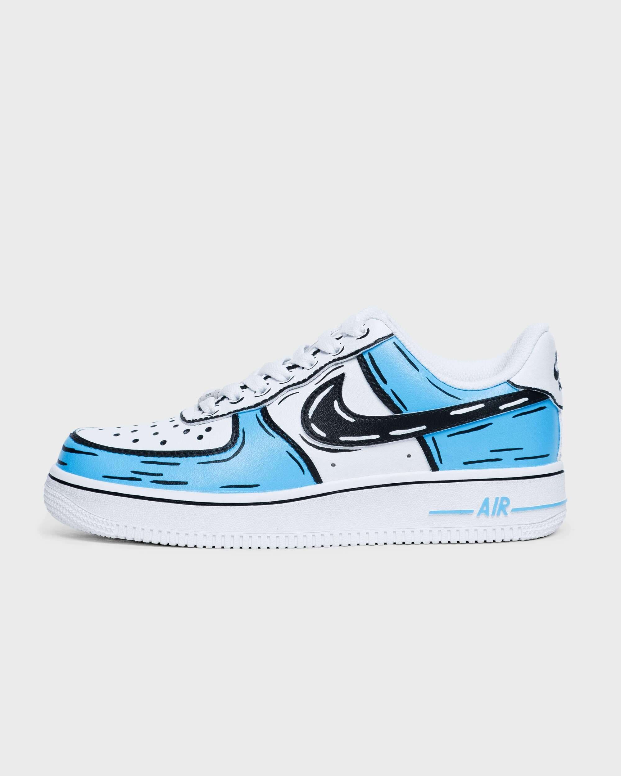 Side profile of custom Air Force 1 sneaker with vibrant blue cartoon-inspired artwork, showcasing a personalized hand-painted design.