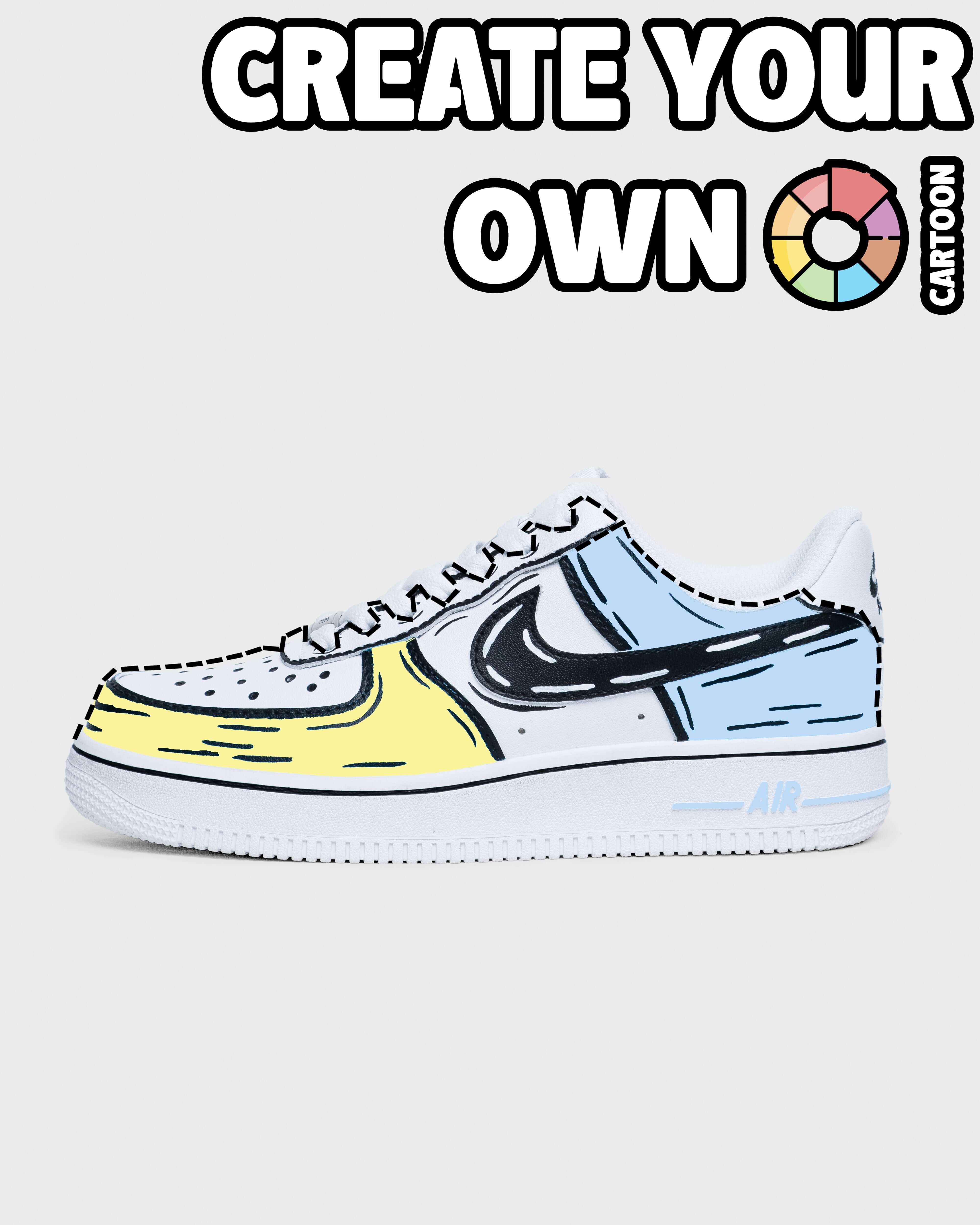 Create Your Own Custom Air Force 1 cover image featuring a customizable sneaker with cartoon-style outlines in vibrant colors, inviting users to design their own unique cartoon-themed Air Force 1 sneakers.