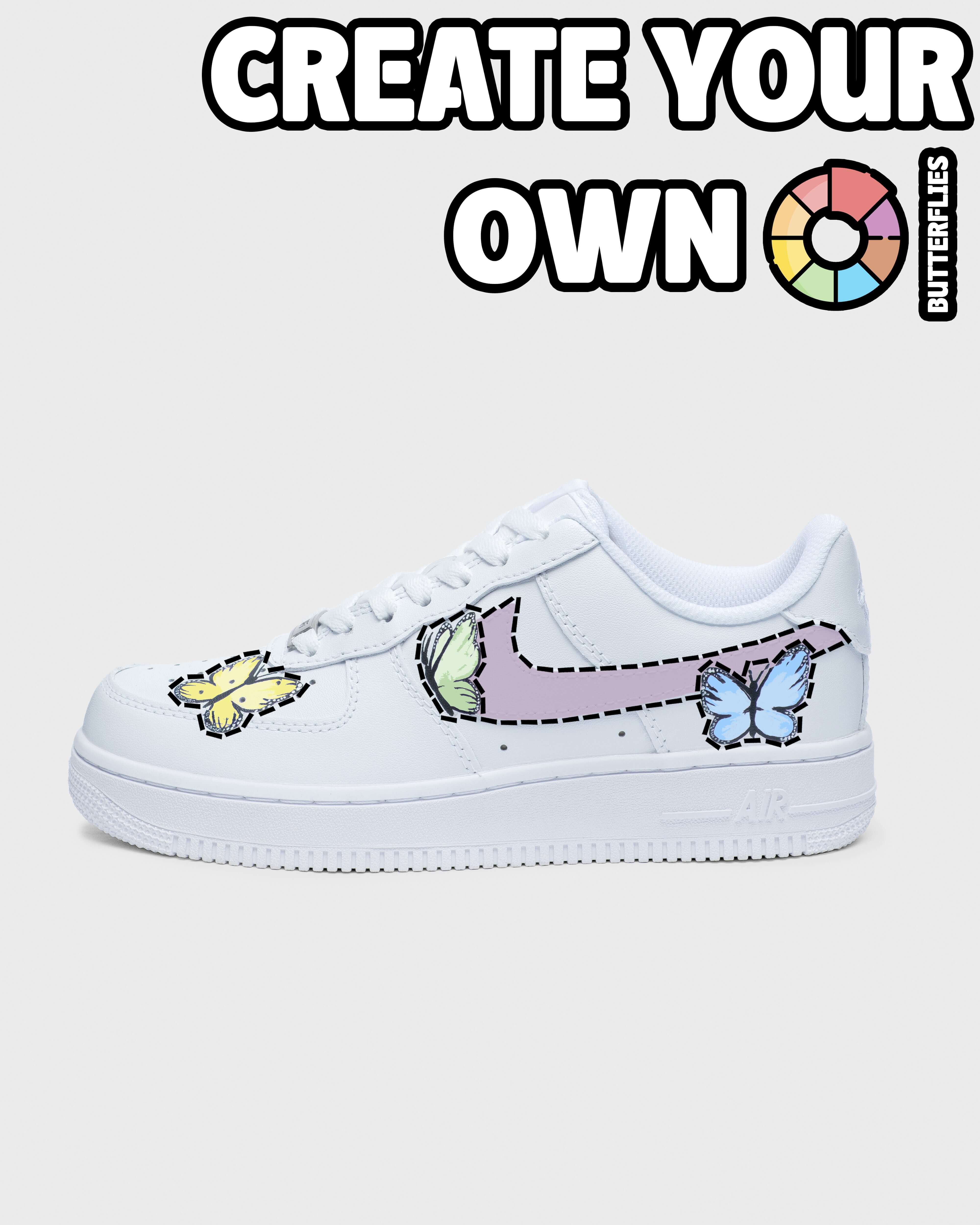 Create Your Own Custom Air Force 1 cover image featuring a customizable sneaker with butterfly outlines in pastel colors, inviting users to design their own unique butterfly-themed Air Force 1 sneakers